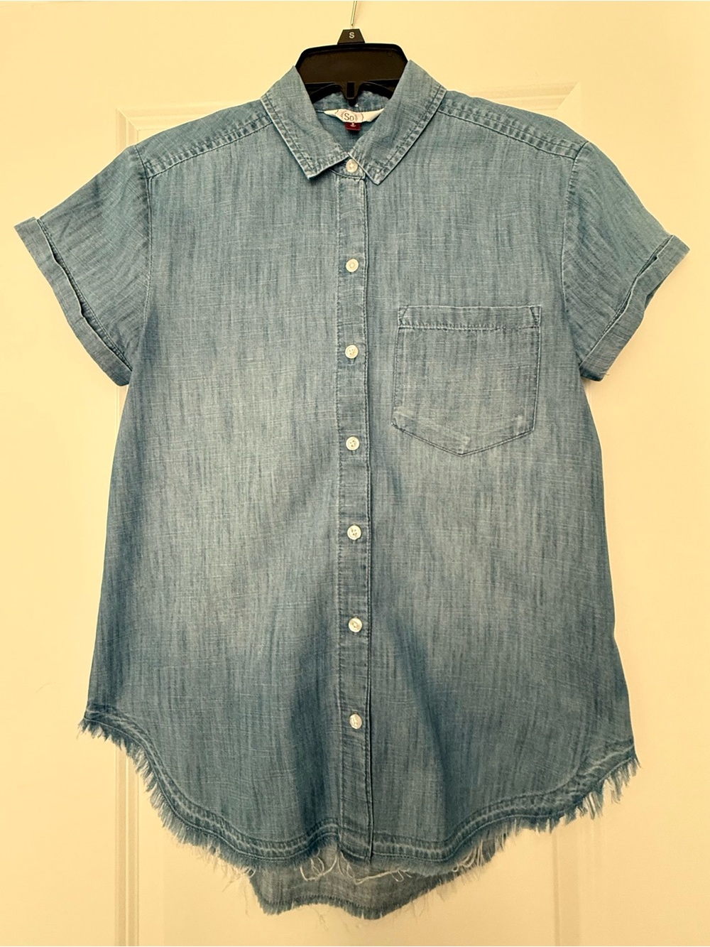SO Light Blue Denim Button-Up Shirt with Red Tag